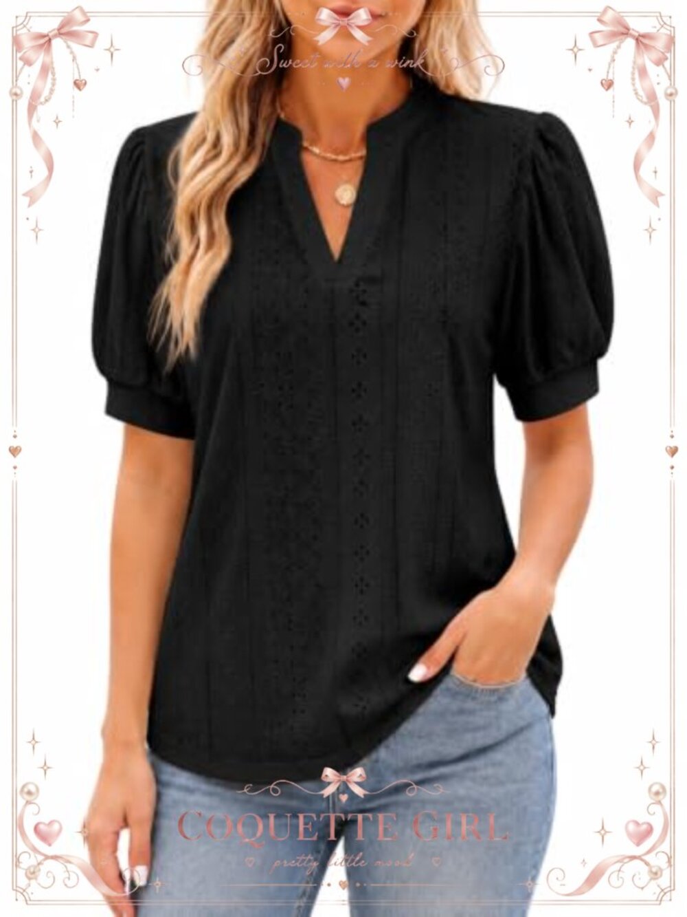 Eyelet Blouse Womens V Neck Bubble Short Sleeve Casual Top